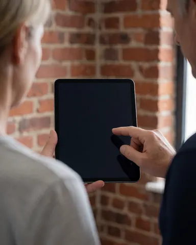 Un coach sportif présente un programme d'entraînement sur une tablette à son client dans un gymnastique avec un mur en briques.
