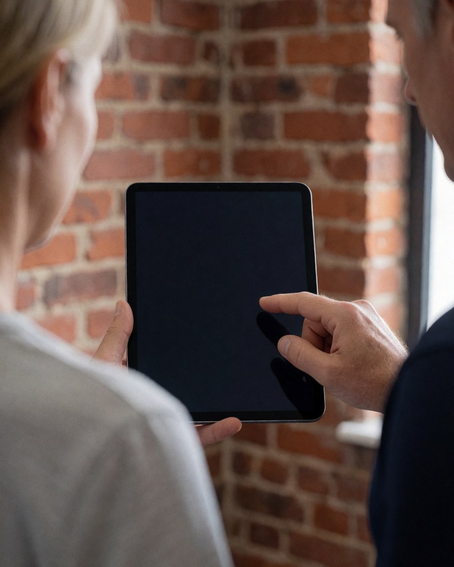 Un coach sportif présente un programme d'entraînement sur une tablette à son client dans un gymnastique avec un mur en briques.
