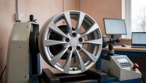 Roue de voiture positionnée sur une machine de balanceage dans un atelier avec murs clairs, ordinateur et ordinateur portable en arrière-plan.