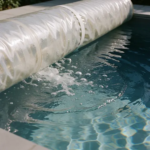 Couvercle thermique transparent à bulles couvrant partiellement une piscine d'eau claire dans un jardin ensoleillé
