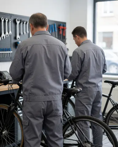 Deux mécaniciens en uniforme gris réparent des bicyclettes dans un atelier bien éclairé avec des outils accrochés au mur.