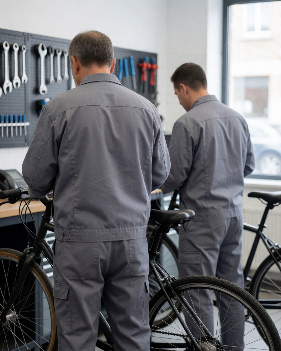 Deux mécaniciens en uniforme gris réparent des bicyclettes dans un atelier bien éclairé avec des outils accrochés au mur.