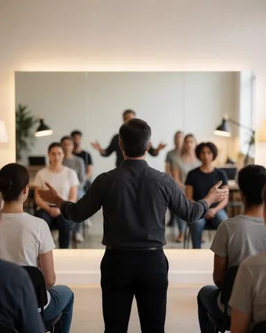 Instructeur de danse enseignant à des étudiants assis dans un studio avec miroir, lumières chaudes et murs blancs.