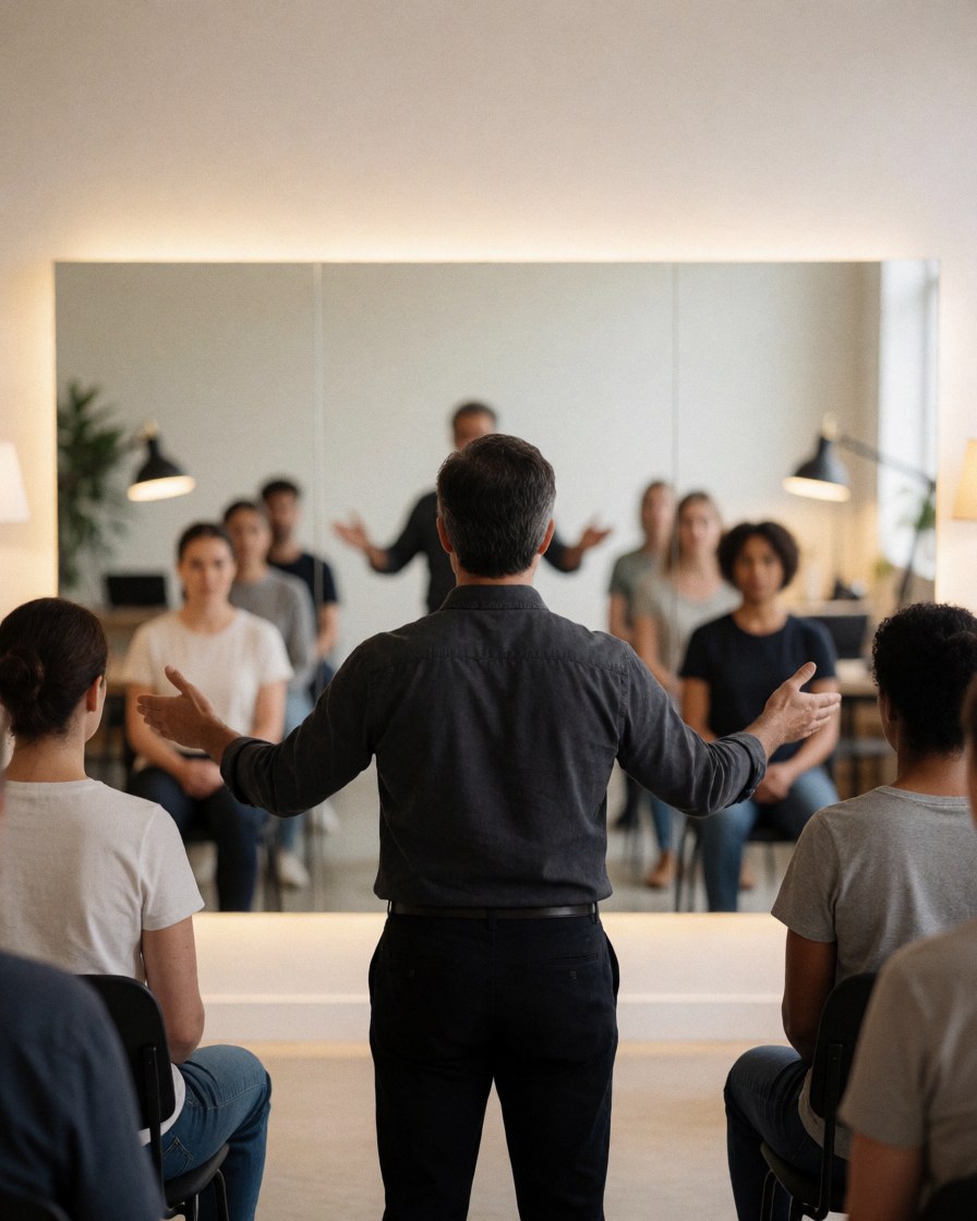 Instructeur de danse enseignant à des étudiants assis dans un studio avec miroir, lumières chaudes et murs blancs.