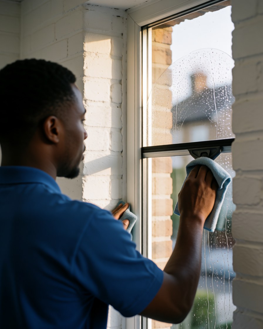 Un technicien professionnel utilise une raclette et une microfibre pour nettoyer une fenêtre sur un mur en briques blanches sous la lumière naturelle.