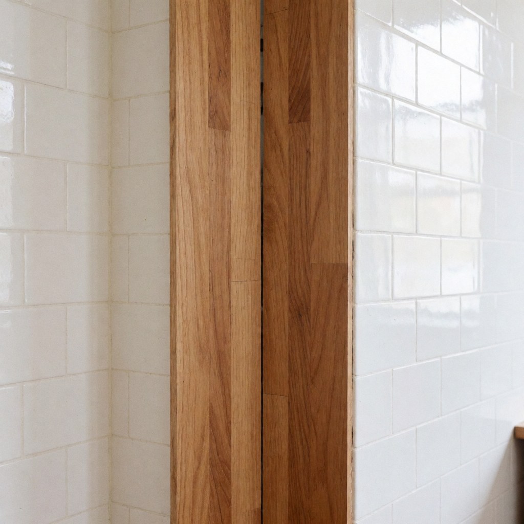 Détail de sol en bois avec des joints parfaits et des murs recouverts de carreaux blancs brillants, idéal pour un professionnel de la pose de sols.
