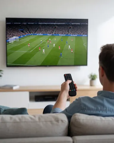 Un client assis sur un canapé regarde un match de football sur un téléviseur. La réception est claire et sans coupure, illustrant la satisfaction liée à une bonne installation d'antenne.