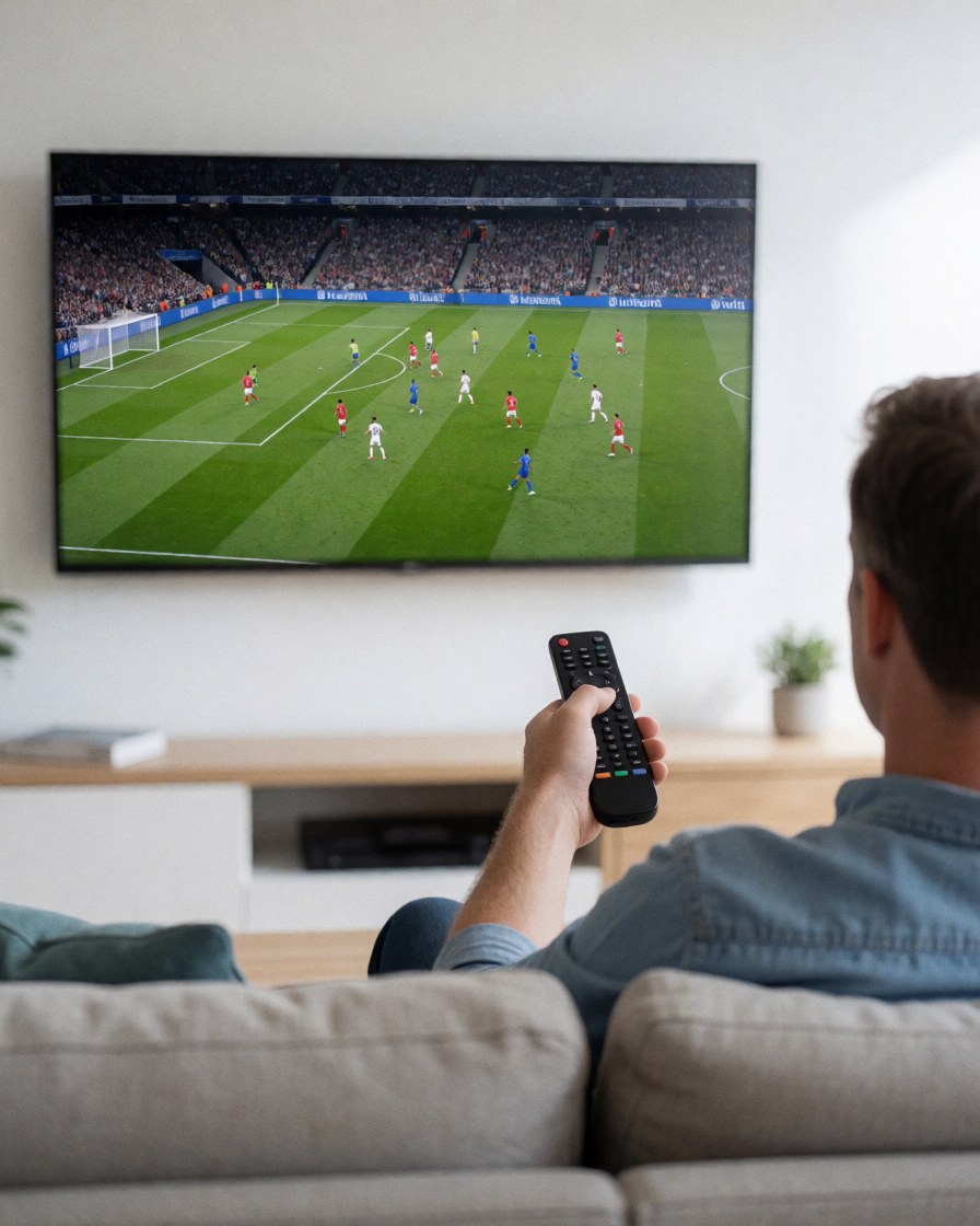 Un client assis sur un canapé regarde un match de football sur un téléviseur. La réception est claire et sans coupure, illustrant la satisfaction liée à une bonne installation d'antenne.