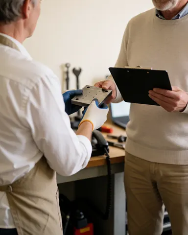 Un technicien en soudure remet une pièce métallique à un client dans un atelier bien éclairé, tenant un porte-documents.