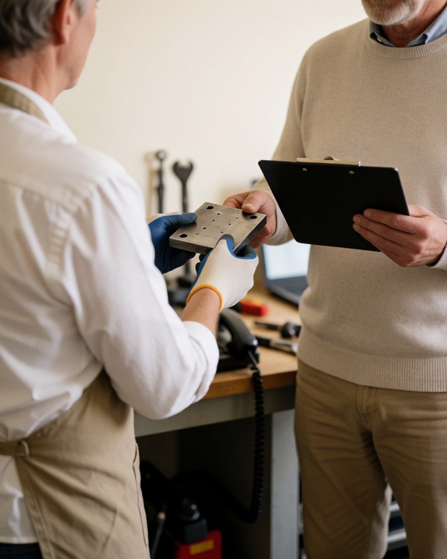 Un technicien en soudure remet une pièce métallique à un client dans un atelier bien éclairé, tenant un porte-documents.