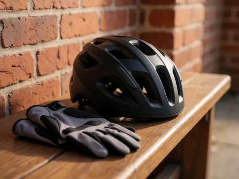 Casque de vélo noir et gris posés sur un banc en bois devant un mur de briques avec la lumière du coucher de soleil, équipement de cyclisme de montagne