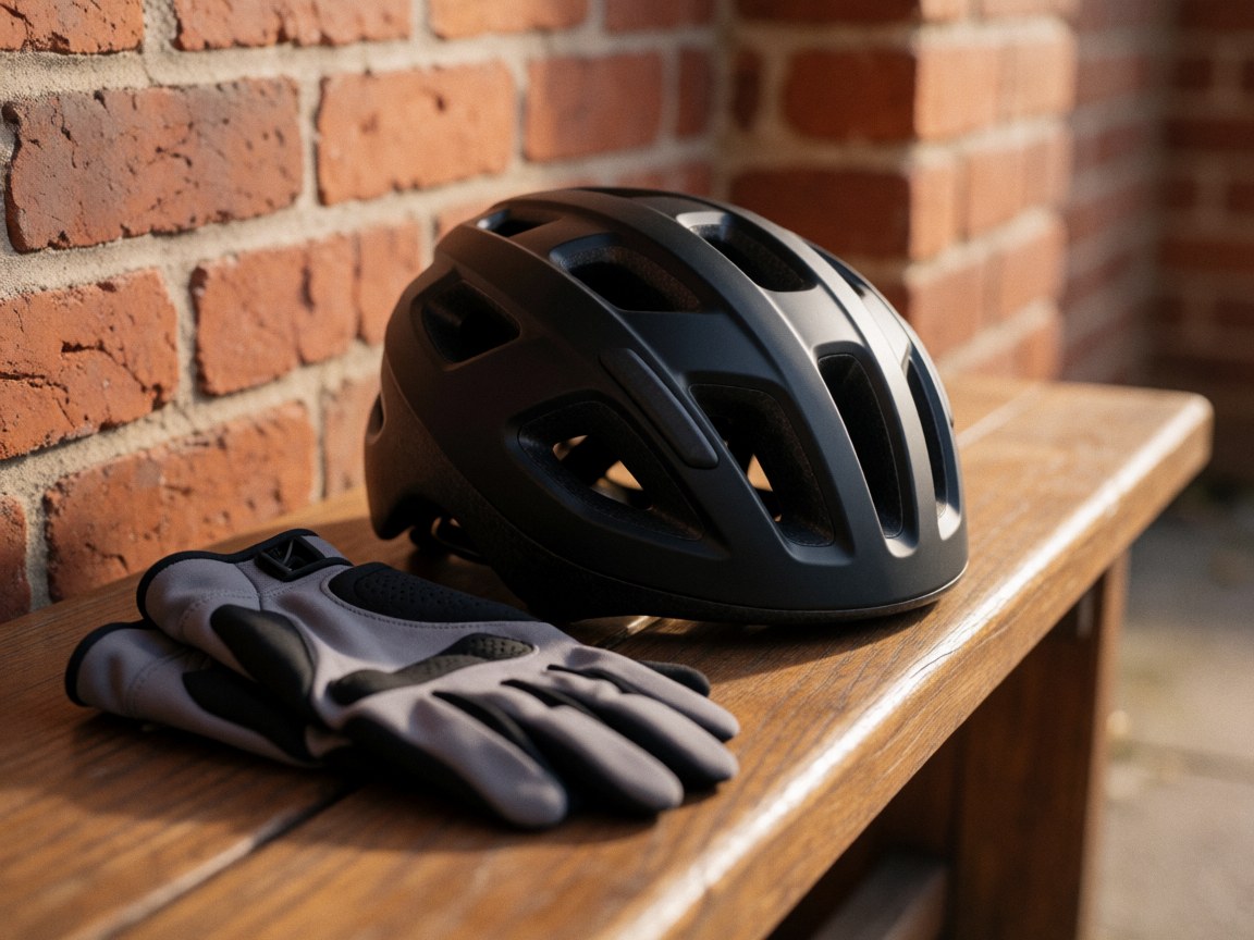 Casque de vélo noir et gris posés sur un banc en bois devant un mur de briques avec la lumière du coucher de soleil, équipement de cyclisme de montagne