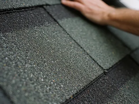 Gros plan détaillé d'une main touchant une tuile de toit recouverte de granulats minéraux, illustrant la texture et la qualité des matériaux pour la réparation de toitures.