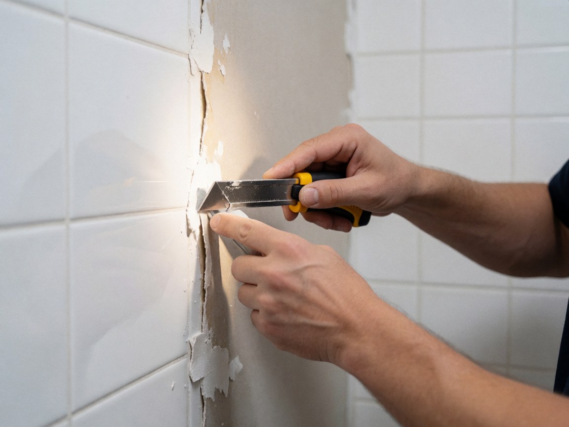 Main utilisant un outil pour couper le plâtre sur un mur avec des carreaux blancs, éclairage focalisé sur la réparation.