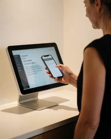 Une cliente souriante consulte un kiosque numérique dans un espace moderne aux murs et à la table blancs.