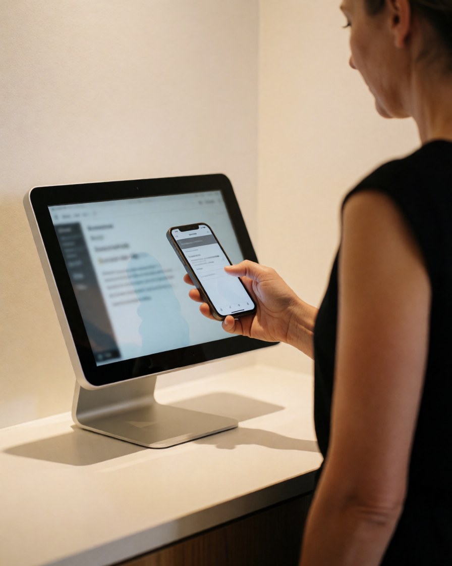Une cliente souriante consulte un kiosque numérique dans un espace moderne aux murs et à la table blancs.