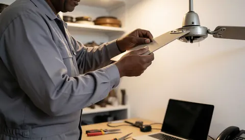 Technicien ajustant un ventilateur avec des poids d'équilibrage dans un atelier bien éclairé, avec des outils et des étagères de pièces.