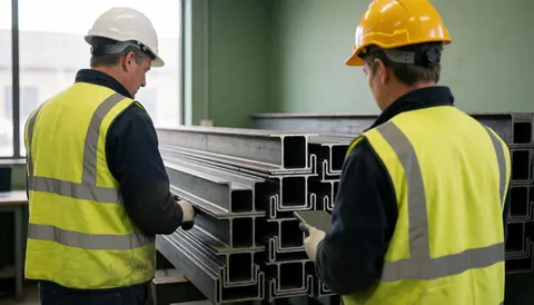 Deux ouvriers en casques et gilets de sécurité examinent une pile de profilés en acier dans un atelier industriel aux murs verts.