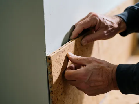 Gros plan des mains d'un installateur posant un plancher en liège sur un mur peint blanc, mettant en valeur la texture et la précision de la coupe.