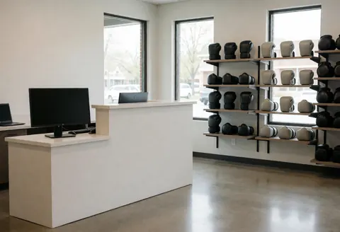 Réception moderne d'un gymnase de boxe avec des gants posés sur une étagère, montrant l'espace et son équipement professionnel.
