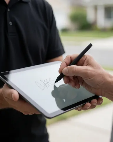 Une main signe un contrat sur une tablette tenue par un livreur dans une rue de banlieue, illustrant le transport et la vérification de service.
