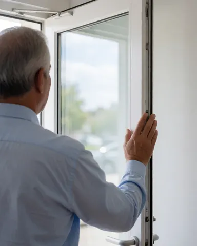 Un homme examine une vitre propre et brillante reflétant le ciel dans un local aux murs blancs.
