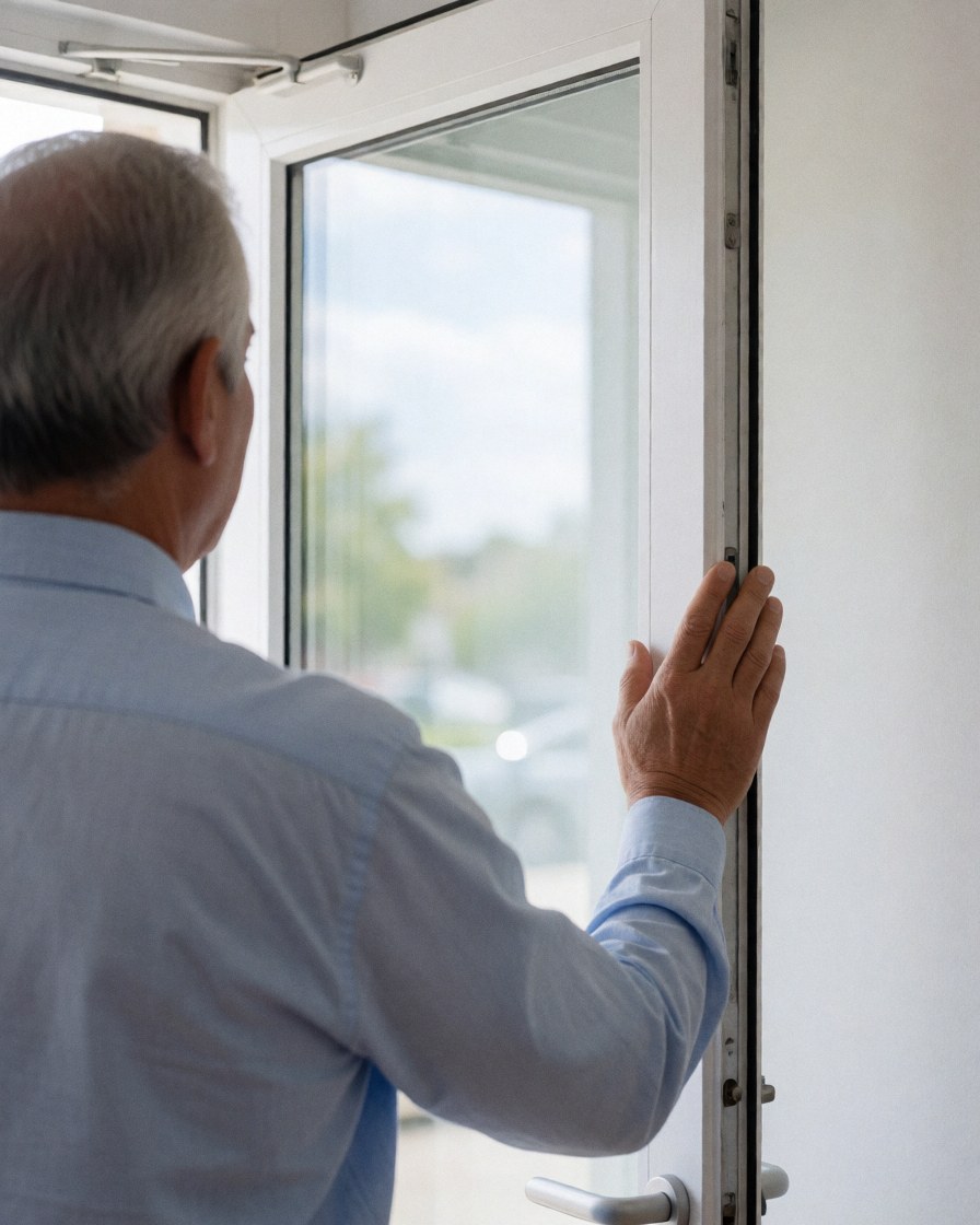 Un homme examine une vitre propre et brillante reflétant le ciel dans un local aux murs blancs.
