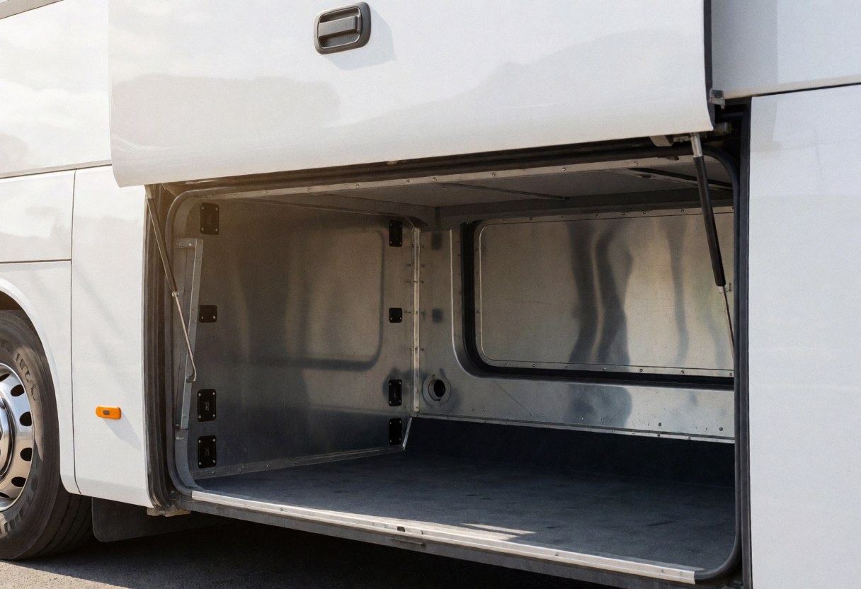 Compartiment de chargement vide et propre d'un autocar touristique, avec des parois métalliques et des points d'ancrage visibles, idéal pour le transport de bagages.