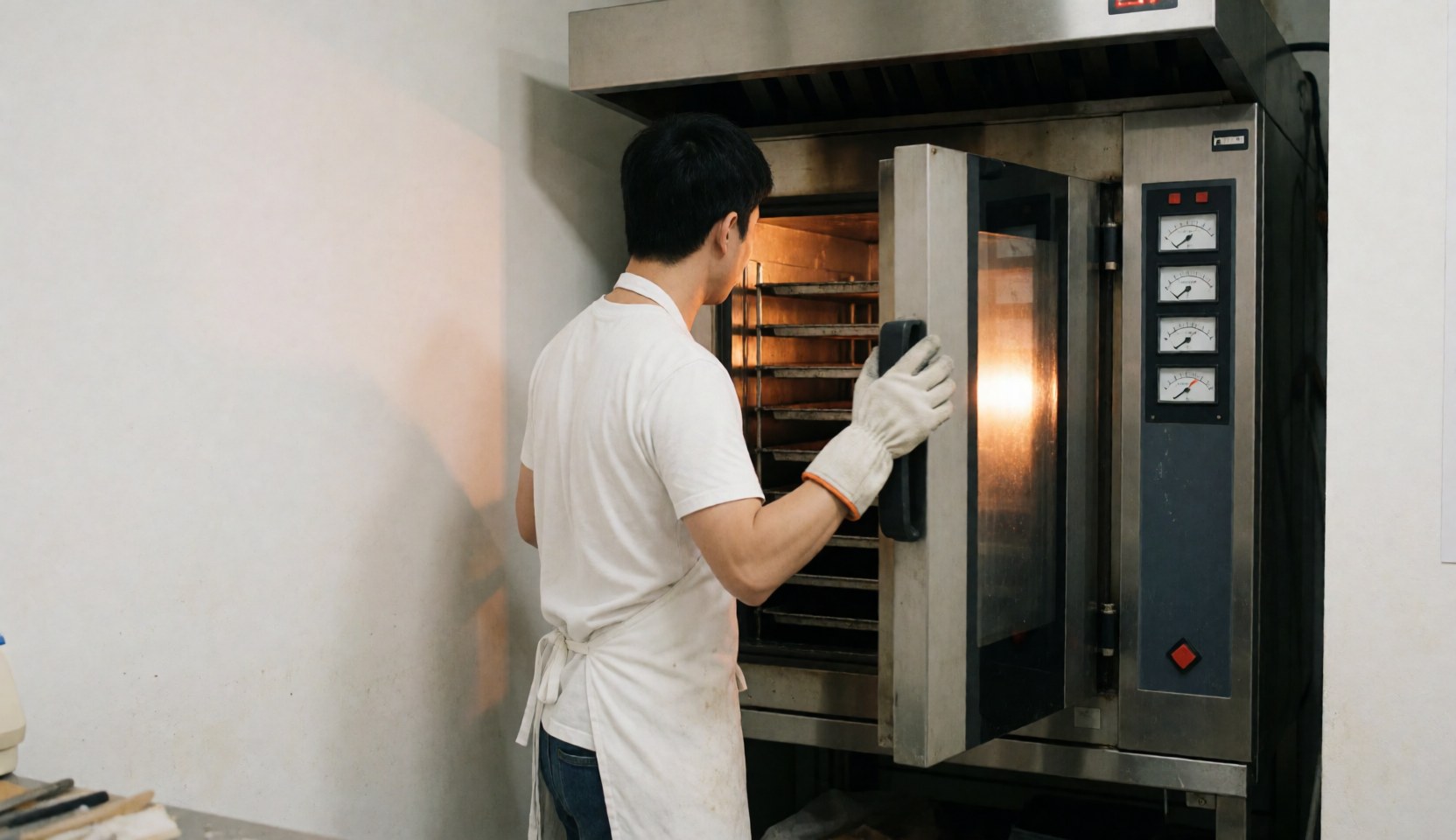 Un boulanger en gants et tablier blanc ouvre un four industriel avec thermomètre, murs blancs et espace pour texte à gauche.