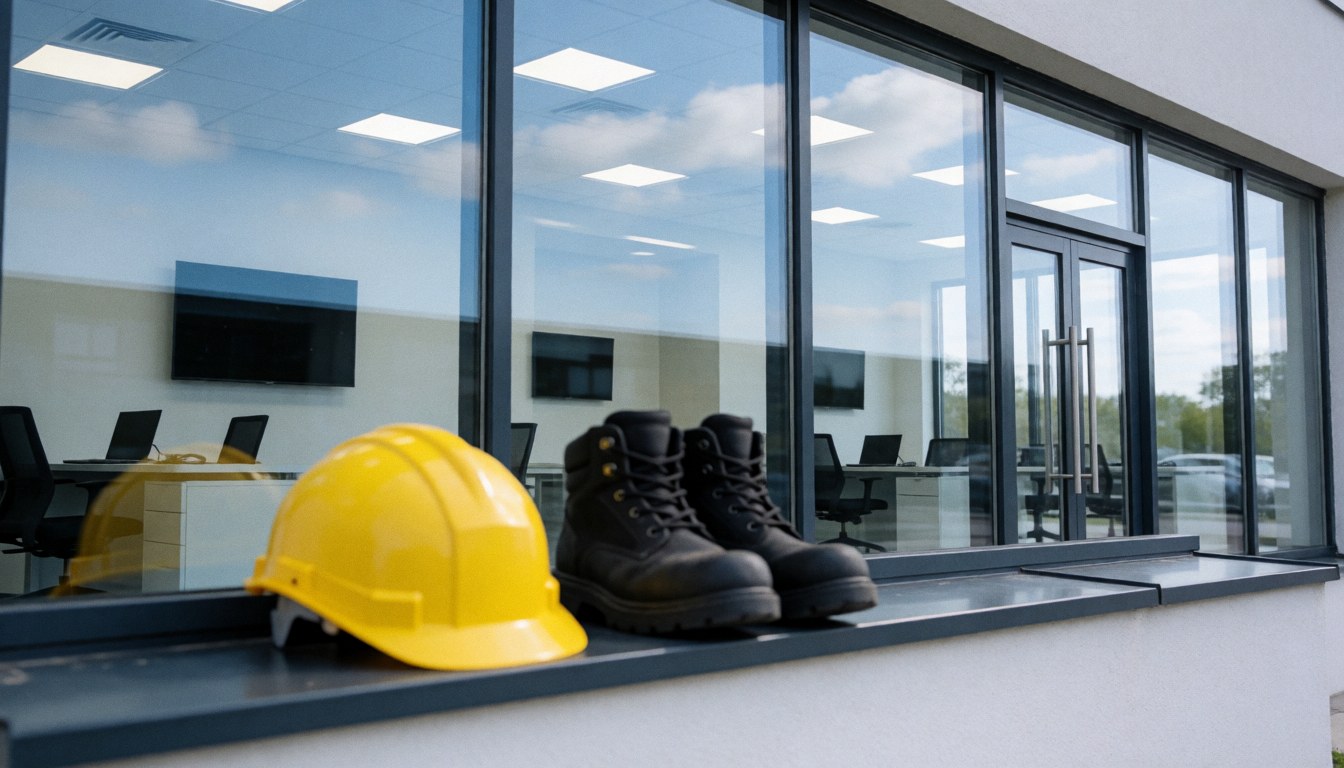 Casque de sécurité jaune et bottes noires posés sur le rebord d'une fenêtre d'immeuble moderne avec reflet de bureau, évoquant les services de nettoyage de vitres.