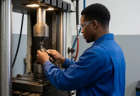 Un technicien en uniforme bleu applique du lubrifiant sur une presse hydraulique dans un atelier industriel bien éclairé.