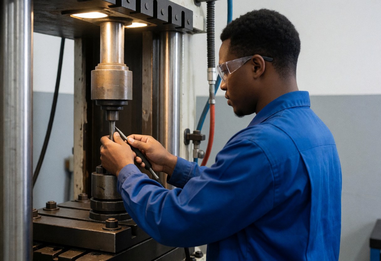 Un technicien en uniforme bleu applique du lubrifiant sur une presse hydraulique dans un atelier industriel bien éclairé.