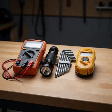 Kit de réparation de chauffage avec multimètre, lampe torche, clés hexagonales et détecteur de CO sur une table en bois en atelier.