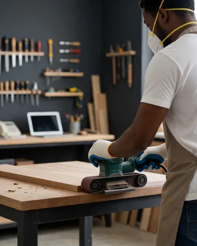 Un menuisier portant un masque et des gants de protection ponçant un bord de bois dans un atelier avec des outils suspendus sur un mur gris foncé.