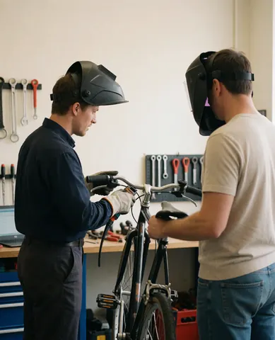 Deux mécaniciens portant des casques de soudage examinent un cadre de vélo dans un atelier. Des outils sont suspendus au mur, créant un environnement professionnel et ordonné.