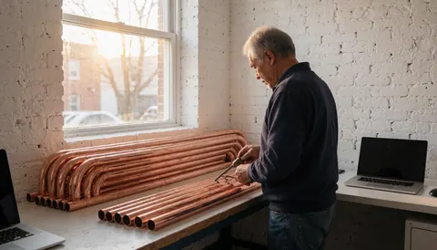 Plombier travaillant sur des tuyaux en cuivre dans un atelier avec un mur de briques blanches et une lumière naturelle, idéal pour les services de réparation de tuyaux.