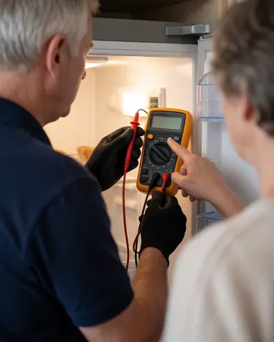 Un technicien en gants examine l'intérieur d'un réfrigérateur avec un multimètre tandis qu'une cliente pointe l'écran dans une cuisine.