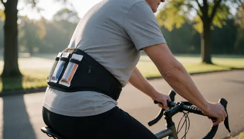 Un cycliste adulte avec une ceinture noire de nutrition contenant deux gels énergétiques visibles, en train de faire du vélo sur un chemin de parc le matin.