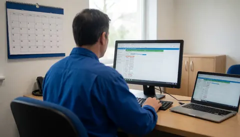 Technicien en bureau gérant des rendez-vous sur ordinateur avec calendrier visible, dans un environnement professionnel et ordonné.
