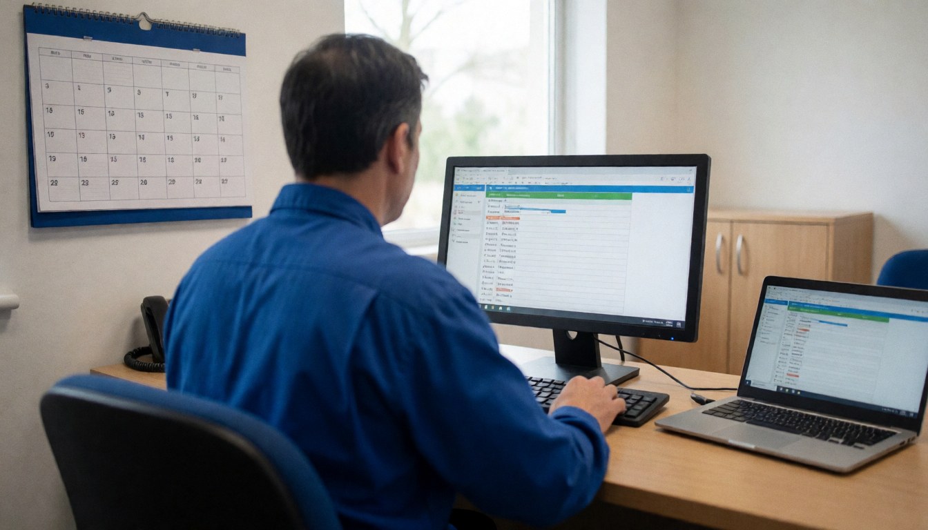Technicien en bureau gérant des rendez-vous sur ordinateur avec calendrier visible, dans un environnement professionnel et ordonné.