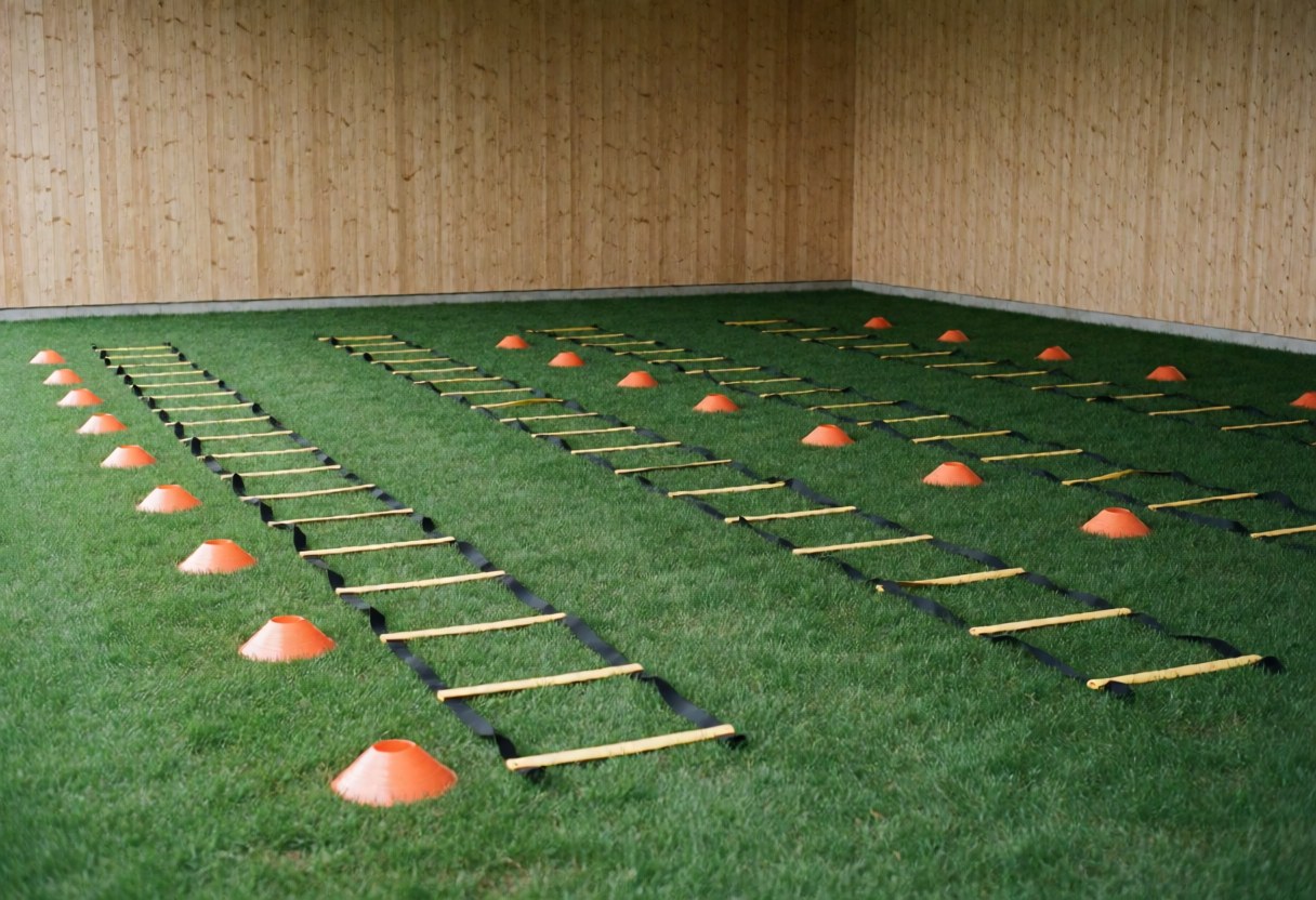 Zone d'entraînement de football avec échelle d'agilité et cônes orange sur gazon synthétique, murs en bois, sans personnes.