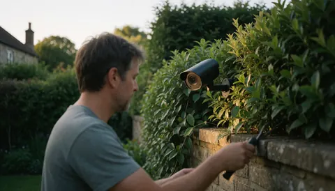 Un homme pose une caméra de surveillance sur un mur de pierre entouré de végétation dans un jardin lors du coucher du soleil