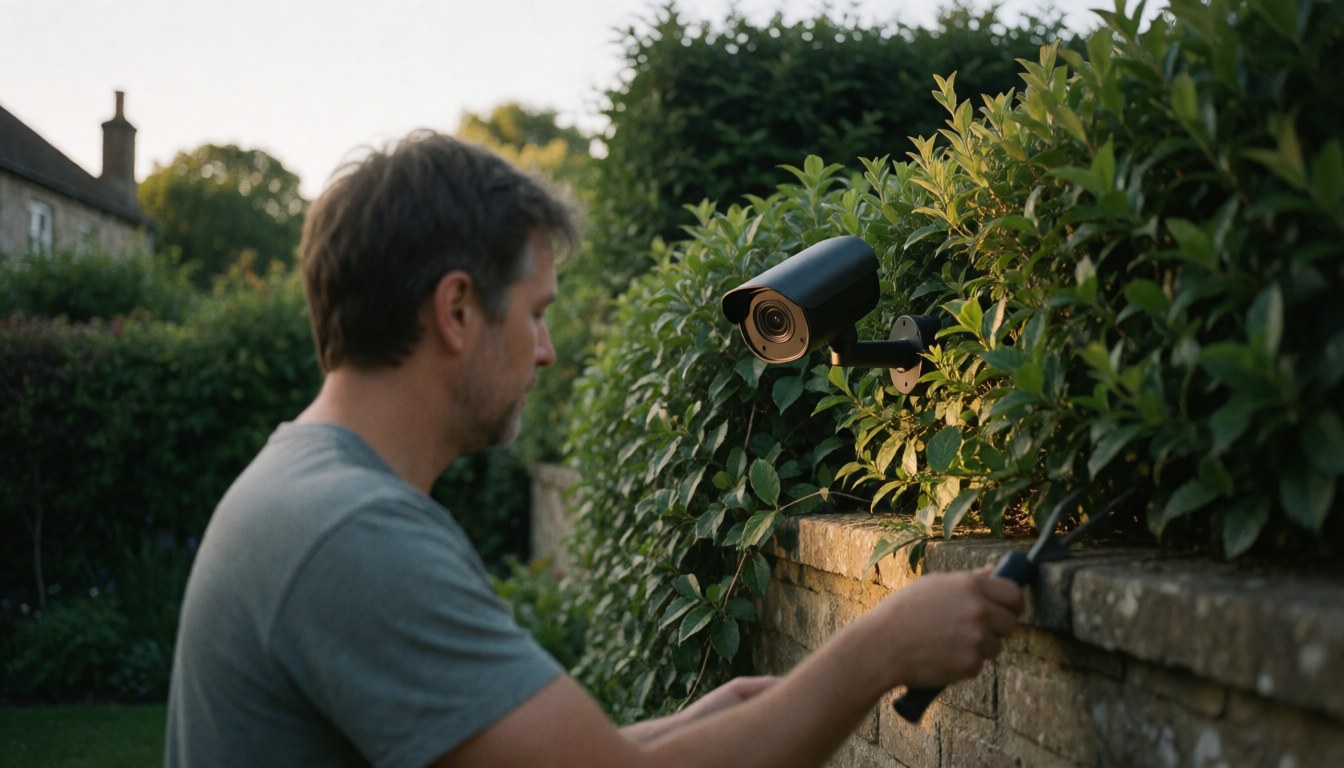 Un homme pose une caméra de surveillance sur un mur de pierre entouré de végétation dans un jardin lors du coucher du soleil