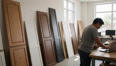 Atelier de restauration de meubles anciens avec portes en bois restaurées et outils visibles, éclairé par de grandes fenêtres.