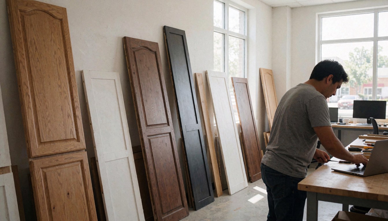 Atelier de restauration de meubles anciens avec portes en bois restaurées et outils visibles, éclairé par de grandes fenêtres.