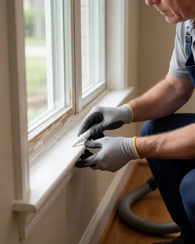 Un technicien applique du silicone blanc sur la base d'une nouvelle fenêtre, près d'un tuyau d'aspirateur, avec un mur beige et une lumière naturelle.