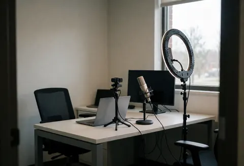 Bureau moderne équipé d'un ordinateur, d'un microphone professionnel et d'un anneau lumineux pour enregistrements, idéal pour des cours d'espagnol en ligne.