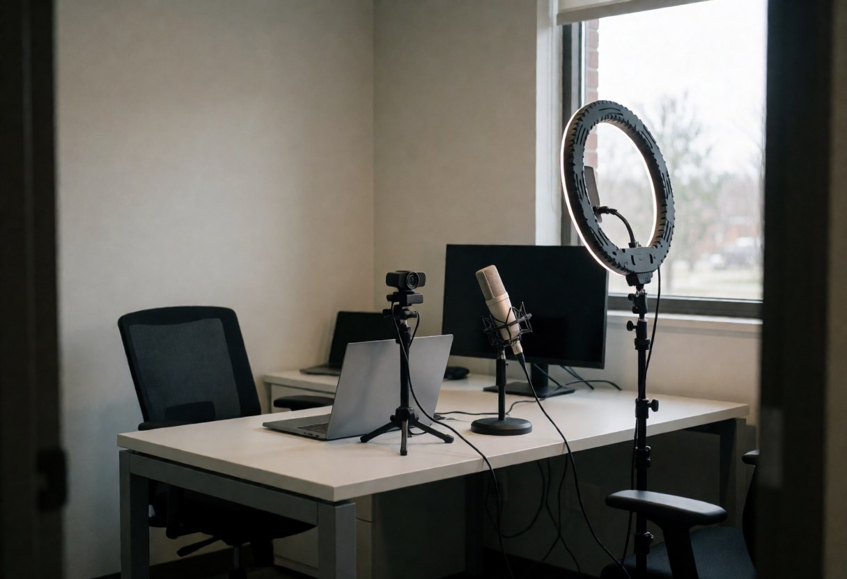 Bureau moderne équipé d'un ordinateur, d'un microphone professionnel et d'un anneau lumineux pour enregistrements, idéal pour des cours d'espagnol en ligne.