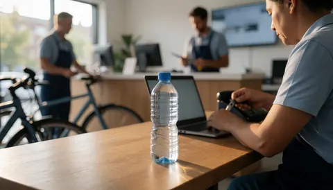 Une bouteille d'eau posée sur une table en bois dans un bureau de vélos, avec une personne travaillant sur un ordinateur portable et des vélos en arrière-plan.