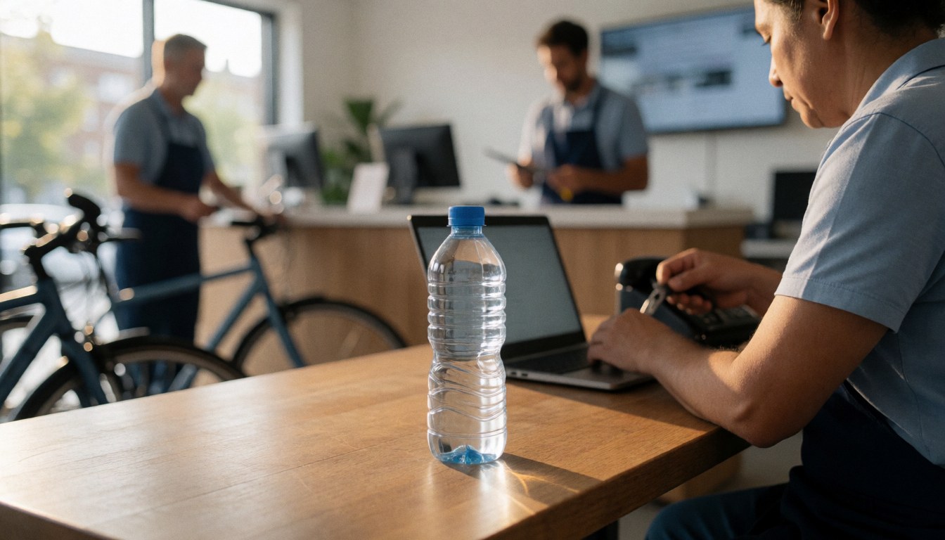 Une bouteille d'eau posée sur une table en bois dans un bureau de vélos, avec une personne travaillant sur un ordinateur portable et des vélos en arrière-plan.